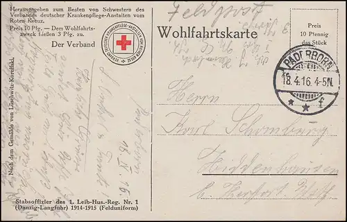 Rotes Kreuz AK Husaren-Stabsoffizier als Marinefeldpost von PADERBORN 18.4.1916
