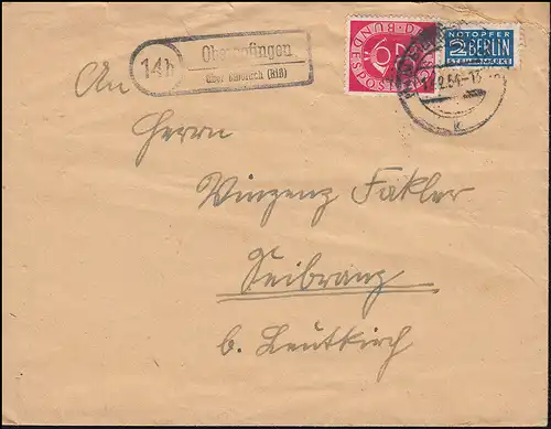 Landpost Oberopfingen sur BIBERACH (RISS) 12.2.54, télex avec plaque de secours