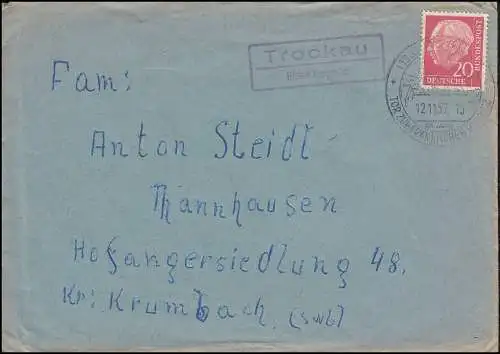 Landpost Stechckau sur Pegnitz, télex SSt PEGNITZ Suisse française 12.11.57