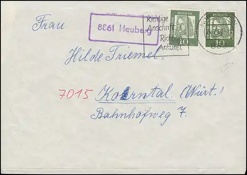 Landpost 8861 Heuberg auf Fernbrief NÖRDLINGEN 24.7.62 mit Dürer 350x+y