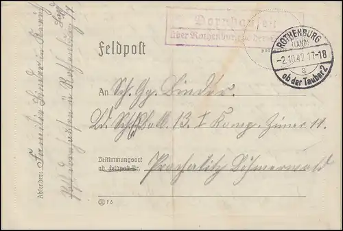 Landpost Dornhausen sur ROTHENBURG si le Tauber 2 - 2.10.42 sur lettre de champ