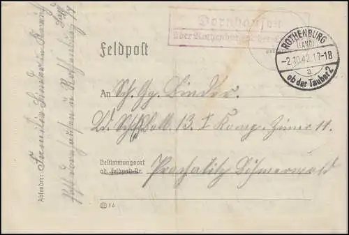 Landpost Dornhausen über ROTHENBURG ob der Tauber 2 - 2.10.42 auf Feldpostbrief