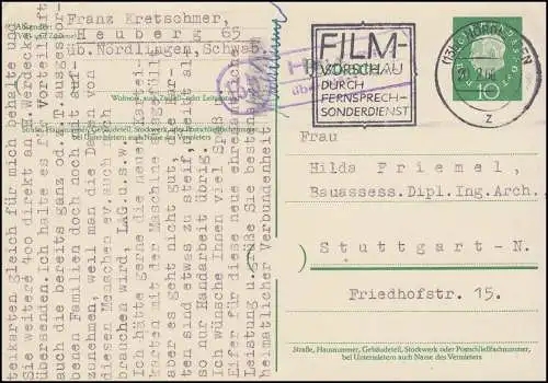 Landpost Heuberg sur NUrdLINGEN 20.2.60 sur carte postale P 37 vers Stuttgart