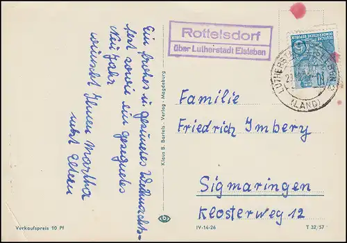 Landpost Rottelsdorf über LUTHERSTADT EISLEBEN 23.12.56, AK Weihnachen / Neujahr