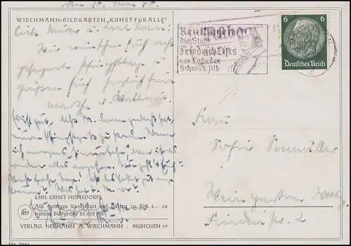 Landpost Rübgarten über REUTLINGEN 10.5.40 auf Wiechmann-Bildkarte Blumen