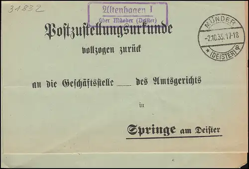 Landpost Altenhagen I sur Münder (Desserte) 2.10.35 sur certificat de livraison postale