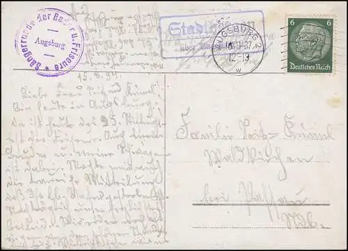 Landpost Stadtbergen über AUGSBURG 2 - 16.8.37 auf Ansichtskarte 