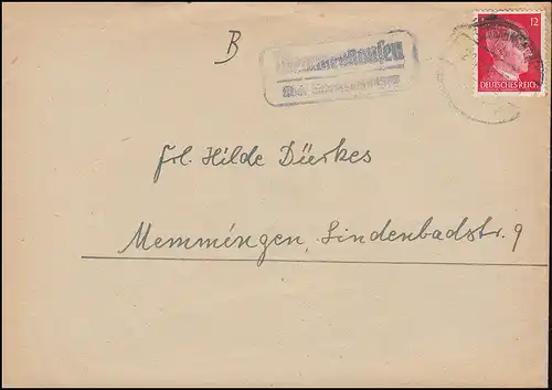 Landpost Memmenhausen sur SCHWABMUNKEN Octobre 1943 sur lettre à Memmen