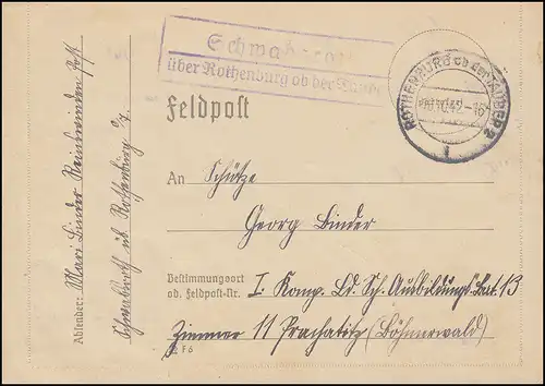 Pays-Bas Schwabsroth sur ROTHENBURG si le Tauber 18.10.1942, lettre postale de champ