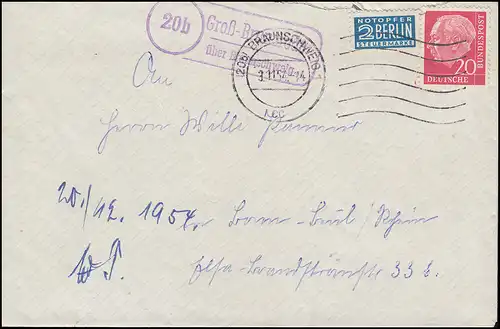 Landpost Gross Bronzrode sur BRAUNSCHWEIG 3.11.54, télex avec marque de victime d'urgence