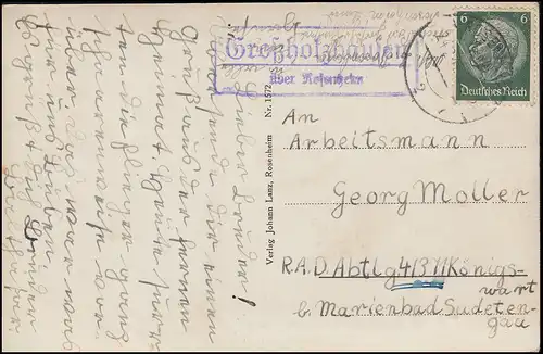 Landpost Großholzhausen über ROSENHEIM 24.2.41 auf pssender AK nach Königswart