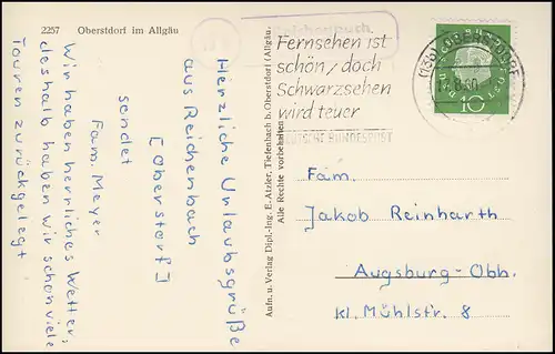Landpost Reichenbach über OBERSTDORF 17.8.60 - AK nach Augsburg