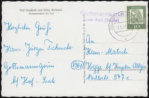 Landpost Gottmanns vert sur HOF (SAALE) 2.5.62 sur la boulangerie AK appropriée Incroyable