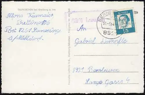 Payspost 8261 Lanzig sur AK Bauptkirchen près de Kraiburg, BERNBEUREN 31.3.64