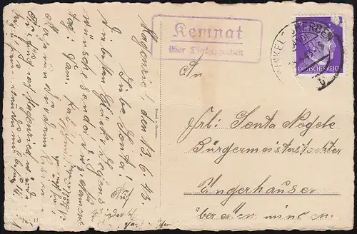 Le courrier de la campagne Kemnat sur les CHERCHEURS DE DINKEL 15.6.1943 sur la carte de vœux