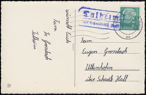 Landpost Talheim sur SCHWÄBISCH HALL 24.12.57 sur carte de Noël n. Uttenhofen