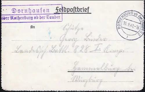 Landpost Dornhausen sur ROTHENBURG si le Tauber 10.9.41 sur lettre de champ