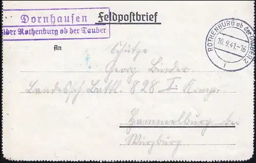 Landpost Dornhausen über ROTHENBURG ob der Tauber 10.9.41 auf Feldpostbrief