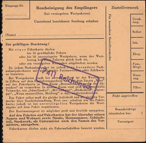 Landpost 7411 Reicheneck auf Paketkarte Reicheneck über REUTLINGEN 31.10.62