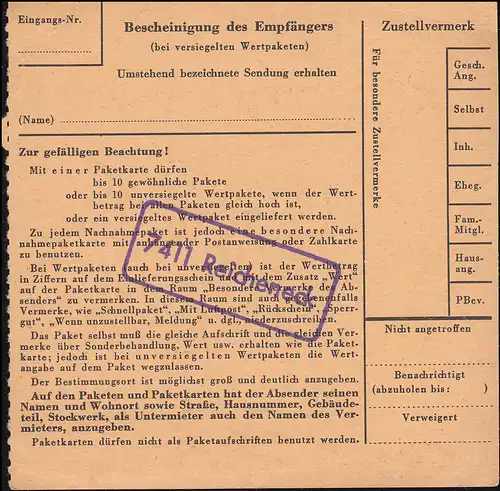 Pays post 7411 Richeneck sur carte de paquet Richeneck via REUTLINGEN 31.10.62