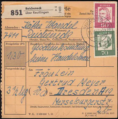 Landpost 7411 Reicheneck auf Paketkarte Reicheneck über REUTLINGEN 31.10.62