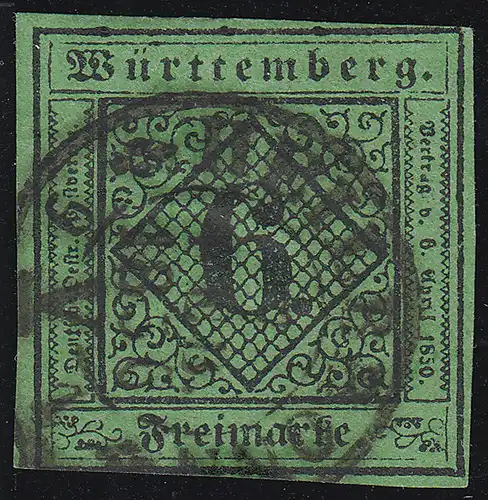 Wurtemberg 3b, paragraphe 6 Kreuzer, cacheté HEILBRONN 1856