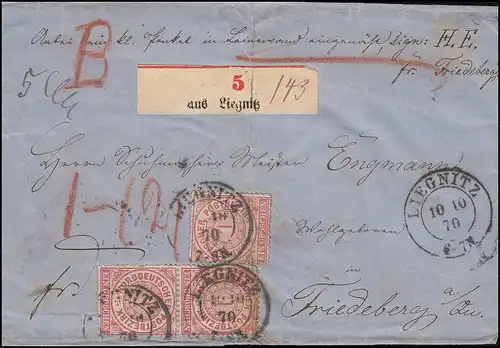 Confédération allemande du Nord 16 MeF sur la lettre de suivi de paquets LIEGNITZ 10.10.70