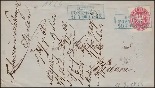 Preußen 16 Adler 1 Sgr EF Brief Rahmen-O BERLIN POST-EXP. 7 - 21.7.66 n. Potsdam