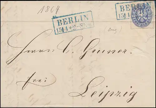 Prusse 17 Adler 2 Sgr EF Lettre cadre-O en bleu BERLIN 15.4.1864 selon LEIPZIG