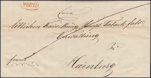 Hongrie Vorphilatelie Halbportobriefter rouge Oval-O PESTH du 23.1.1837 n.Hainburg