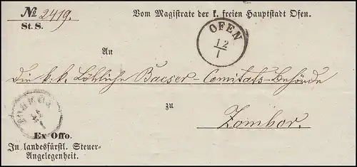 Ungarn Dienstbrief Ex-officio Einkreis OFEN 12.1.1855 nach ZOMBOR 14.1.