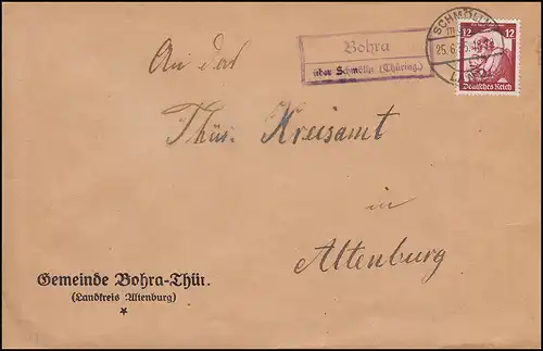 Landpost Bohra über SCHMÖLLN (THÜR.) 25.6.35 mit 567 Gemeinde-Brief n. Altenburg