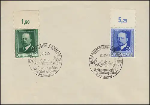 760-761 Emil von Behring als Oberrandstücke Blanko-Brief SSt LEVERKUSEN 4.12.40