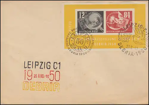 Block 7 DEBRIA auf Brief Drei-Farben-Stempel + zwei SSt LEIPZIG 29.8.50