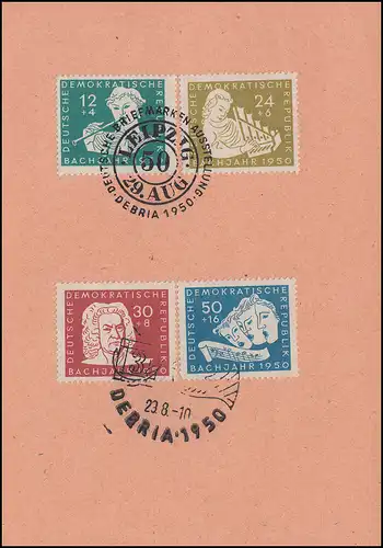 256-259 Bach 1950 - Stempelkarte mit Satz, zwei SSt LEIPZIG DEBRIA 29.8.1950