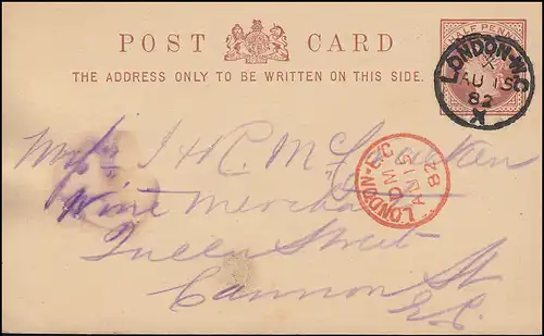 Carte postale P 5 Reine 1/2 P. noir LONDON W.C. 15.8.82 / rouge LONGON E. C. 15.8.