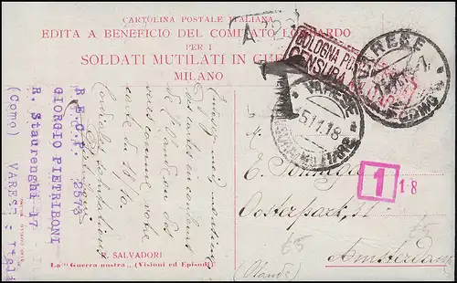 Zensur auf Propaganda-AK Unser Krieg VARESE 15.11.1918 nach Amsterdam