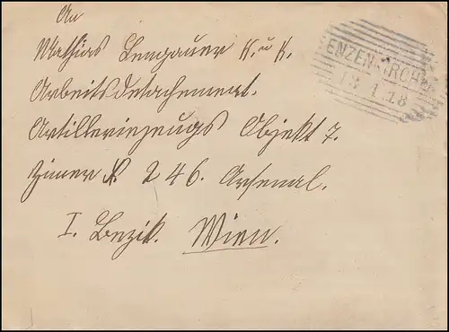 Österreich 221 Kaiser Karl I. als EF Brief Strichstempel ENZENKIRCHEN 13.1.1918