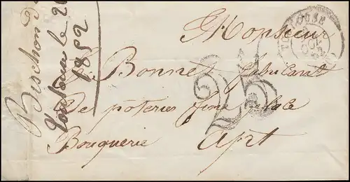 France Porte-lettre préphilatelie TOULOUSE 22.10.1852 avec grand 25 selon Apt