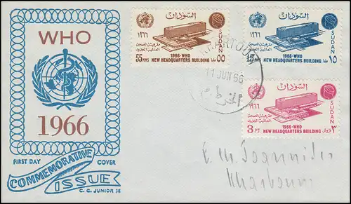 Sudan 224-226 Weltgesundheitsorganisation WHO Headquarters Schmuck-FDC 11.6.1966