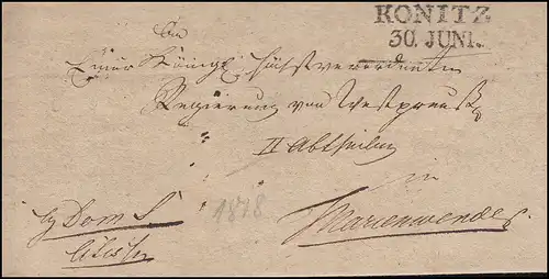 Prusse Vorchilatelie Coque de lettre bi-zeiler KONITZ 30.6.1818 selon Mariewerder