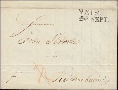 Preußen Vorphilatelie Faltbrief Zweizeiler NEISSE 29.9.1841 nach Reichenbach/S.