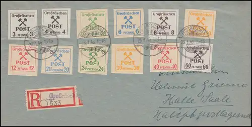 Großräschen 31-42 Gebührenmarken, 12 Werte komplett, Satz auf R-Brief 23.1.1946