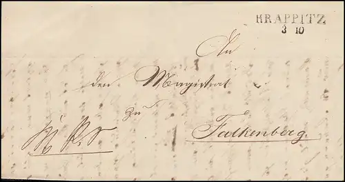 Preußen Vorphilatelie Faltbrief Zweizeiler KRAPPITZ 3.10.1849 nach Falkenberg
