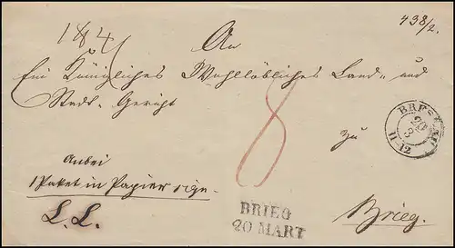 Prusse Vorcphilatelie Lettre d'accompagnement de colis bicycle BRESLAU 20.3.1843 vers BRIEG