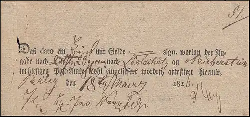 Preußen Vorphilatelie Einlieferungsschein über Geldbegleitbrief Brieg 18.3.1816