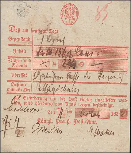 Preußen Vorphilatelie Einlieferungsschein über Geldbegleitbrief Gardelegen 1838