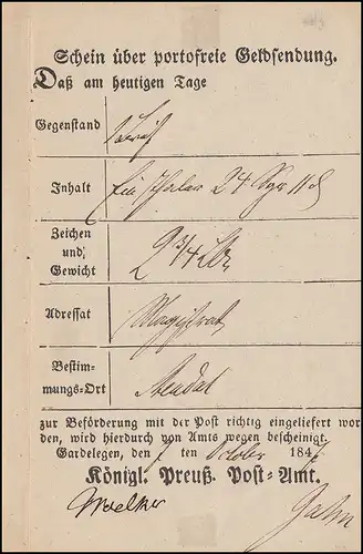 Prusse Vorphilatelie Certificat de livraison Lettre d'accompagnement des fonds Gardelegen 7.10.1847
