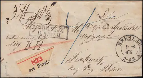 Preußen Paketbegeleitbrief Zweikreis BRESLAU 8.8.1865 nach RACKWITZ 11.8.