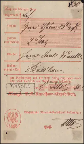 Prusse Certificat de livraison de lettre d'accompagnement financier Cadre-O WANSEN 1856 n.Breslau